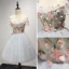 Chic / Belle Bleu Ciel Robe De Fete 2017 Courte Robe Boule Volants en Cascade De l'épaule Manches Courtes Dos Nu Appliques Fleur Perlage Cristal Robe De Ceremonie