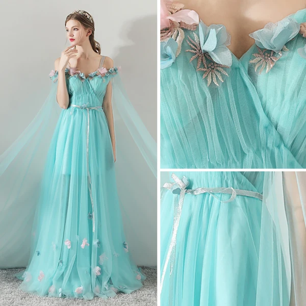 Flower Fairy Pool Blue Summer Evening Dresses 2018 A-Line / Princess Spaghetti Straps Strapless Short Sleeve Appliques Flower Sash Watteau Train Ruffle Backless Formal Dresses
