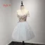 Chic / Belle Bleu Ciel Robe De Fete 2017 Courte Robe Boule Volants en Cascade De l'épaule Manches Courtes Dos Nu Appliques Fleur Perlage Cristal Robe De Ceremonie
