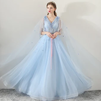 Chic Belle Bleu Ciel Robe De Soirée 2018 Princesse V Cou Appliques Fleur Ceinture Watteau Train Volants Dos Nu Robe De Ceremonie