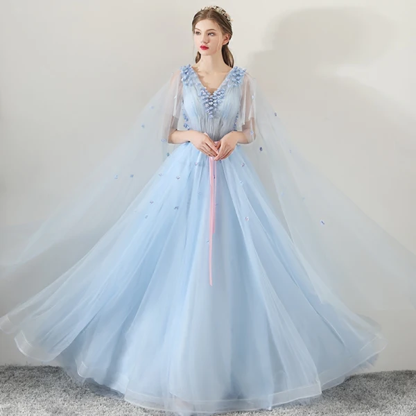 Chic / Belle Bleu Ciel Robe De Soirée 2018 Princesse V-Cou Appliques Fleur Ceinture Watteau Train Volants Dos Nu Robe De Ceremonie