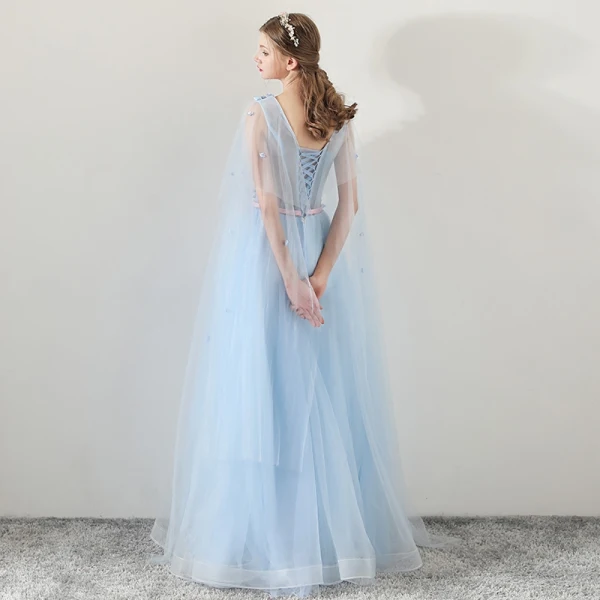 Chic / Belle Bleu Ciel Robe De Soirée 2018 Princesse V-Cou Appliques Fleur Ceinture Watteau Train Volants Dos Nu Robe De Ceremonie
