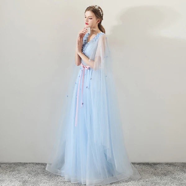 Chic / Belle Bleu Ciel Robe De Soirée 2018 Princesse V-Cou Appliques Fleur Ceinture Watteau Train Volants Dos Nu Robe De Ceremonie