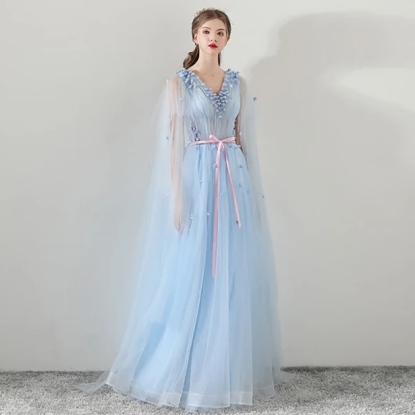 Chic / Belle Bleu Ciel Robe De Soirée 2018 Princesse V-Cou Appliques Fleur Ceinture Watteau Train Volants Dos Nu Robe De Ceremonie
