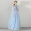 Chic / Belle Bleu Ciel Robe De Soirée 2018 Princesse V-Cou Appliques Fleur Ceinture Watteau Train Volants Dos Nu Robe De Ceremonie