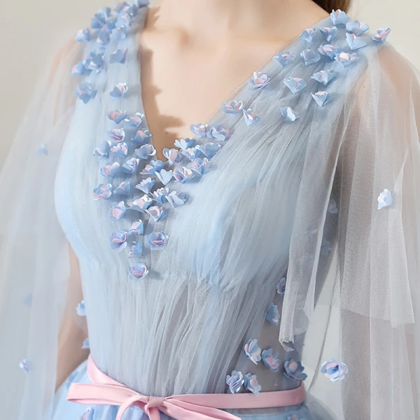 Chic / Belle Bleu Ciel Robe De Soirée 2018 Princesse V-Cou Appliques Fleur Ceinture Watteau Train Volants Dos Nu Robe De Ceremonie