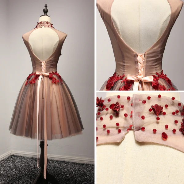 Schöne Partykleider 2017 Fallende Rüsche Kurze Ballkleid Stehkragen Ärmellos Rückenfreies Spitze Applikationen Perlenstickerei Kristall Durchbohrt Festliche Kleider