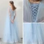 Chic / Belle Bleu Ciel Robe De Soirée 2018 Princesse V-Cou Appliques Fleur Ceinture Watteau Train Volants Dos Nu Robe De Ceremonie