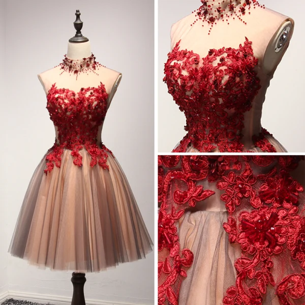 Schöne Partykleider 2017 Fallende Rüsche Kurze Ballkleid Stehkragen Ärmellos Rückenfreies Spitze Applikationen Perlenstickerei Kristall Durchbohrt Festliche Kleider