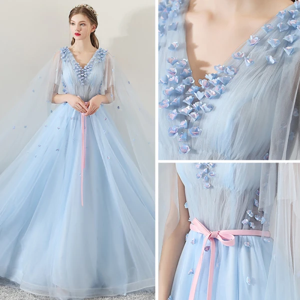 Chic / Belle Bleu Ciel Robe De Soirée 2018 Princesse V-Cou Appliques Fleur Ceinture Watteau Train Volants Dos Nu Robe De Ceremonie