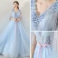 Chic / Belle Bleu Ciel Robe De Soirée 2018 Princesse V-Cou Appliques Fleur Ceinture Watteau Train Volants Dos Nu Robe De Ceremonie