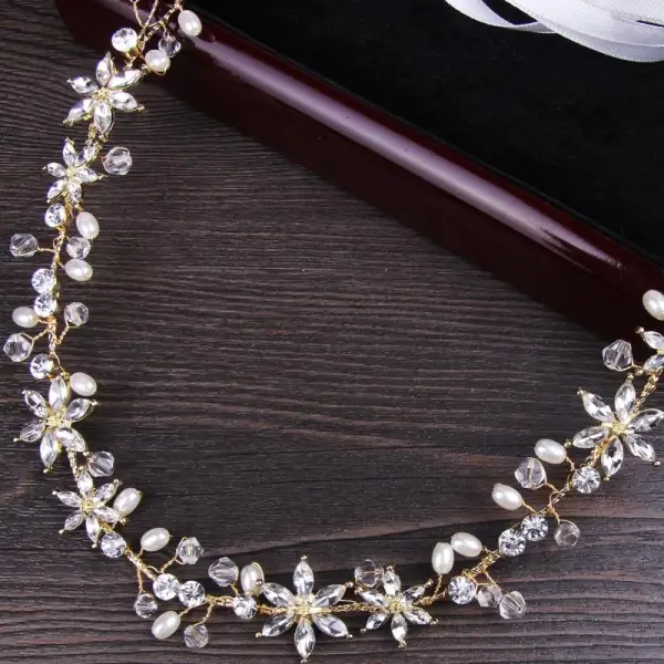 Modest / Simple Gold Headpieces 2018 Metal Crystal Pearl Lace-up Accessories