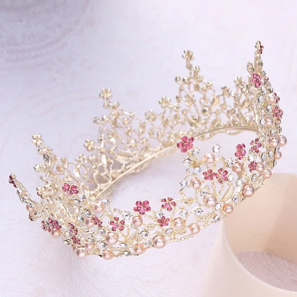 Luksus Gull Tiara 2018 Metall Perle Rhinestone Bryllup Tilbehør