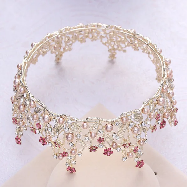 Luksus Gull Tiara 2018 Metall Perle Rhinestone Bryllup Tilbehør