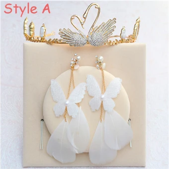 Amazing Unique Gold Accessories 2018 Metal Rhinestone Tiara Pearl Butterfly Feather Earrings Bridal Jewelry