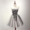 Chic / Beautiful Grey Homecoming Cocktail Dresses 2017 Cascading Ruffles Short Ball Gown Sweetheart Sleeveless Backless Appliques Flower Beading Crystal Formal Dresses