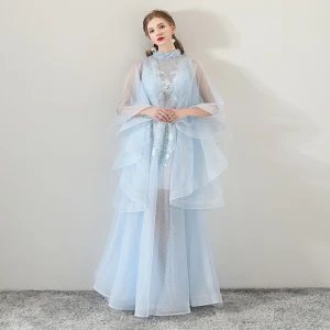 Fantastiske Unike Himmelen Blå Gjennomsiktig Selskapskjoler 2018 Prinsesse Høy Hals Langermede Appliques Blonder Sash Chapel Train Buste Ryggløse Formelle Kjoler