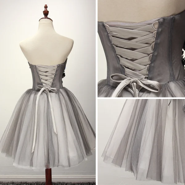Fine Grå Homecoming Cocktailkjoler 2017 Gripende Ruffles Korte Ballkjole Kjæreste Uten Ermer Ryggløse Appliques Blomst Beading Krystall Formelle Kjoler