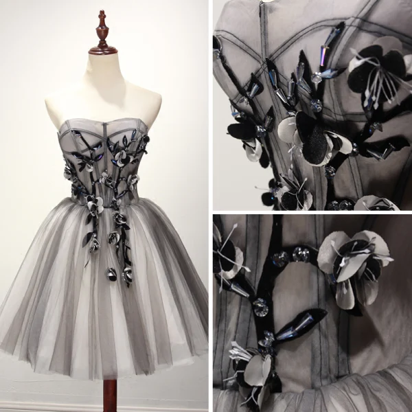 Fine Grå Homecoming Cocktailkjoler 2017 Gripende Ruffles Korte Ballkjole Kjæreste Uten Ermer Ryggløse Appliques Blomst Beading Krystall Formelle Kjoler
