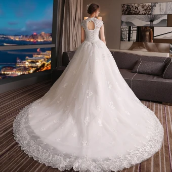 Chic Beautiful Church Hall Wedding Dresses 2017 Lace Beading Sequins Appliques Backless High Neck Sleeveless Chapel Train White Ball Gown