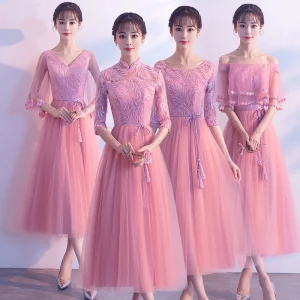 Chic Beautiful Candy Pink Bridesmaid Dresses 2018 A Line Princess Sequins Sash Tassel Tea Length Ruffle Backless Wedding Party Dresses