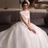 Chic / Beautiful Church Hall Wedding Dresses 2017 Lace Beading Sequins Appliques Backless High Neck Sleeveless Chapel Train White Ball Gown