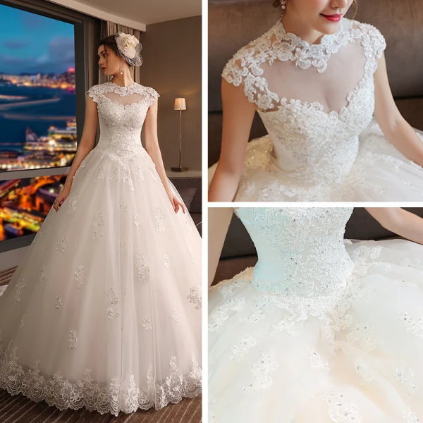 Schöne Kirche Saal Brautkleider 2017 Mit Spitze Perlenstickerei Pailletten Applikationen Rückenfreies Stehkragen Ärmellos Kapelle-Schleppe Weiß Ballkleid