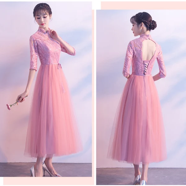 Chic / Belle Rose Bonbon Robe Demoiselle D'honneur 2018 Princesse Paillettes Ceinture Gland Thé Longueur Volants Dos Nu Robe Pour Mariage