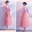 Chic / Belle Rose Bonbon Robe Demoiselle D'honneur 2018 Princesse Paillettes Ceinture Gland Thé Longueur Volants Dos Nu Robe Pour Mariage