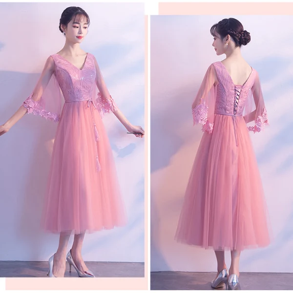 Chic / Belle Rose Bonbon Robe Demoiselle D'honneur 2018 Princesse Paillettes Ceinture Gland Thé Longueur Volants Dos Nu Robe Pour Mariage
