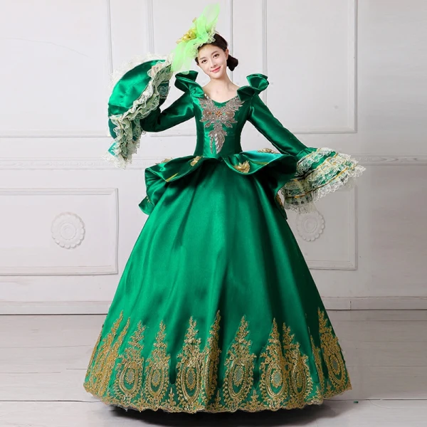 Vintage / Retro Medieval Dark Green Ball Gown Prom Dresses 2021 V-Neck Long Sleeve Floor-Length / Long 3D Lace Embroidered Flower Cosplay Prom Formal Dresses