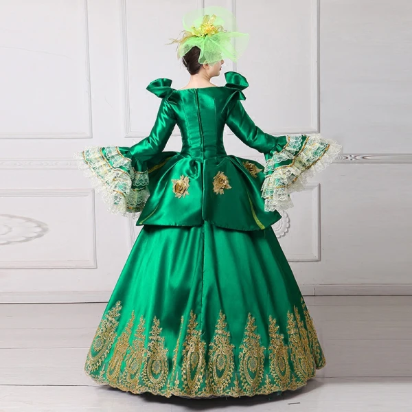 Vintage / Retro Medieval Dark Green Ball Gown Prom Dresses 2021 V-Neck Long Sleeve Floor-Length / Long 3D Lace Embroidered Flower Cosplay Prom Formal Dresses