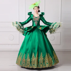 Vintage Retro Medieval Dark Green Ball Gown Prom Dresses 2021 V Neck Long Sleeve Floor Length Long 3d Lace Embroidered Flower Cosplay Prom Formal Dresses