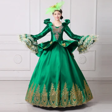 Vintage Retro Medieval Dark Green Ball Gown Prom Dresses 2021 V Neck Long Sleeve Floor Length Long 3d Lace Embroidered Flower Cosplay Prom Formal Dresses
