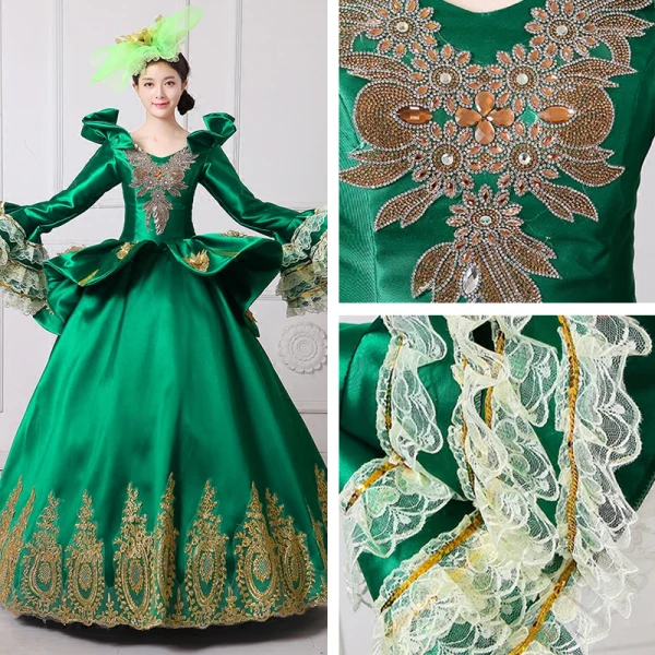 Vintage / Retro Medieval Dark Green Ball Gown Prom Dresses 2021 V-Neck Long Sleeve Floor-Length / Long 3D Lace Embroidered Flower Cosplay Prom Formal Dresses