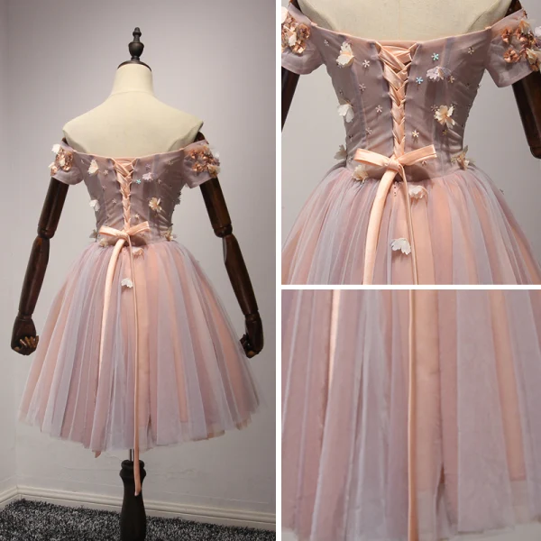 Chic / Belle Perle Rose de retour Robe De Graduation 2017 Volants en Cascade Courte Robe Boule De l'épaule Manches Courtes Dos Nu Appliques Fleur Perlage Robe De Ceremonie