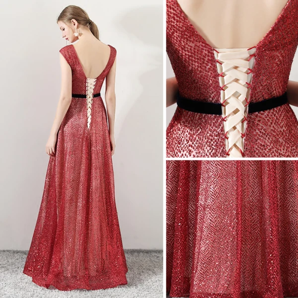 Bling Bling Rouge Robe De Soirée 2018 Princesse Encolure Dégagée Sans Manches Glitter Tulle Ceinture Longue Volants Dos Nu Robe De Ceremonie