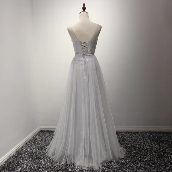 Moderne / Mode Gris Robe De Soirée 2017 Princesse Longue Volants en Cascade Encolure Dégagée Sans Manches Dos Nu Faux Diamant Cristal Perle Glitter Paillettes Noeud Ceinture Robe De Ceremonie
