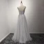 Moderne / Mode Gris Robe De Soirée 2017 Princesse Longue Volants en Cascade Encolure Dégagée Sans Manches Dos Nu Faux Diamant Cristal Perle Glitter Paillettes Noeud Ceinture Robe De Ceremonie