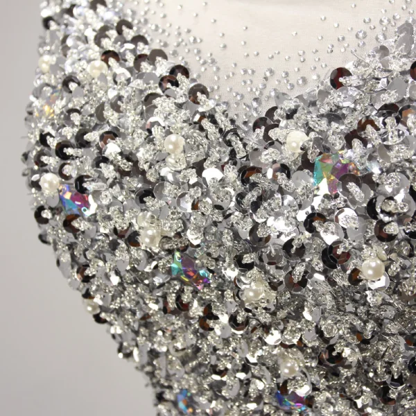 Moderne / Mode Gris Robe De Soirée 2017 Princesse Longue Volants en Cascade Encolure Dégagée Sans Manches Dos Nu Faux Diamant Cristal Perle Glitter Paillettes Noeud Ceinture Robe De Ceremonie