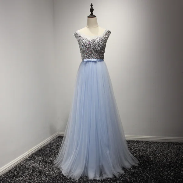 Moderne / Mode Gris Robe De Soirée 2017 Princesse Longue Volants en Cascade Encolure Dégagée Sans Manches Dos Nu Faux Diamant Cristal Perle Glitter Paillettes Noeud Ceinture Robe De Ceremonie