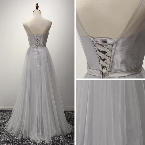 Moderne / Mode Gris Robe De Soirée 2017 Princesse Longue Volants en Cascade Encolure Dégagée Sans Manches Dos Nu Faux Diamant Cristal Perle Glitter Paillettes Noeud Ceinture Robe De Ceremonie