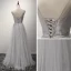 Moderne / Mode Gris Robe De Soirée 2017 Princesse Longue Volants en Cascade Encolure Dégagée Sans Manches Dos Nu Faux Diamant Cristal Perle Glitter Paillettes Noeud Ceinture Robe De Ceremonie