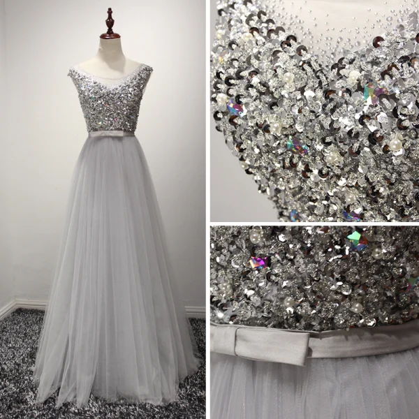 Moderne / Mode Gris Robe De Soirée 2017 Princesse Longue Volants en Cascade Encolure Dégagée Sans Manches Dos Nu Faux Diamant Cristal Perle Glitter Paillettes Noeud Ceinture Robe De Ceremonie