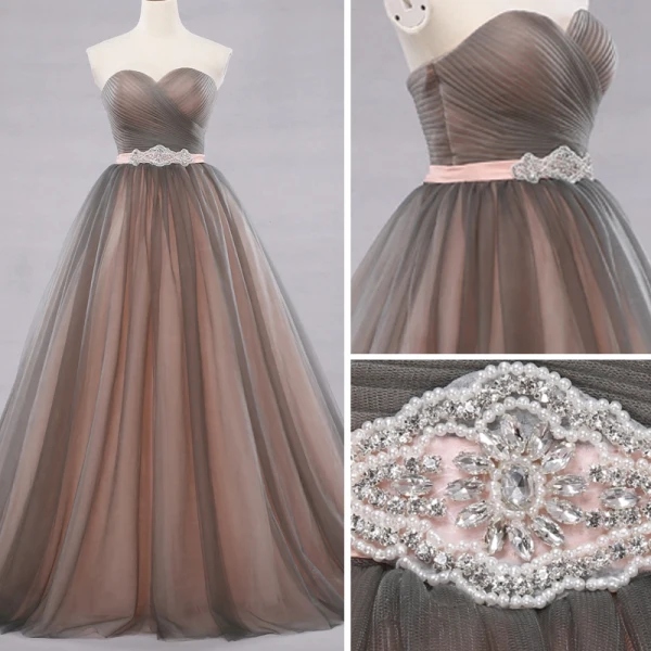 Mote Perle Rosa Grå Ballkjoler 2018 Ballkjole Kjæreste Uten Ermer Beading Perle Rhinestone Sash Chapel Train Buste Ryggløse