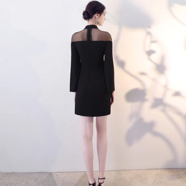 Simple Noire Transparentes Robe De Soirée 2018 Col Haut Unique Manches Longues Courte Robe De Ceremonie