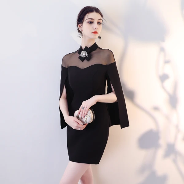 Simple Noire Transparentes Robe De Soirée 2018 Col Haut Unique Manches Longues Courte Robe De Ceremonie