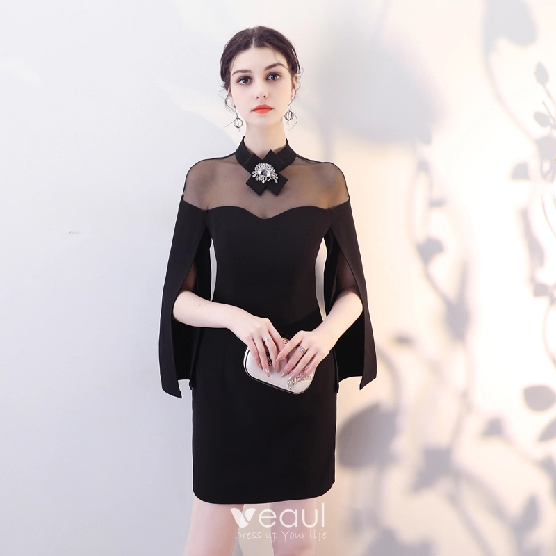 Sencillos Negro Transparentes Vestidos de noche 2018 Cuello Alto Unico Manga Larga Cortos Vestidos Formales