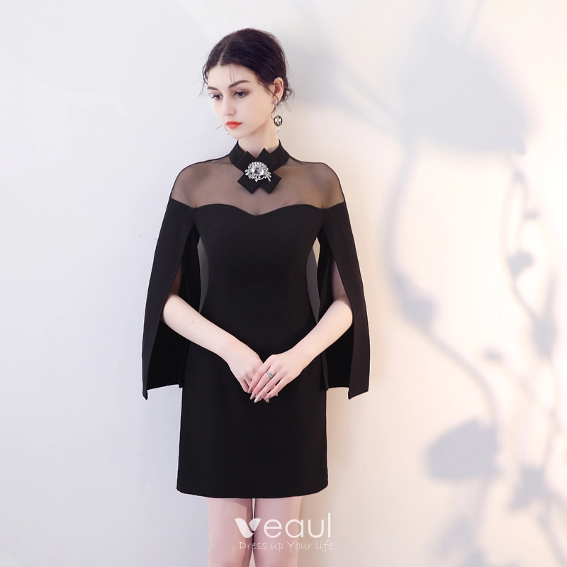Modest / Simple Black See-through Evening Dresses 2018 High Neck Amazing /  Unique Long Sleeve Short Formal Dresses
