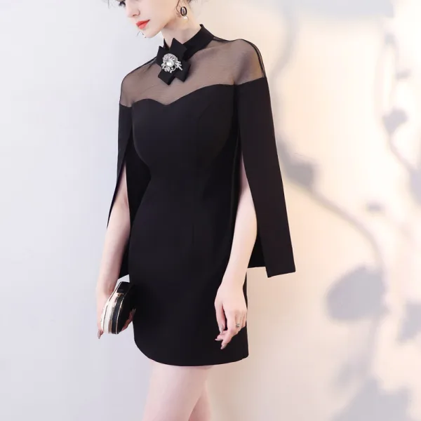 Simple Noire Transparentes Robe De Soirée 2018 Col Haut Unique Manches Longues Courte Robe De Ceremonie